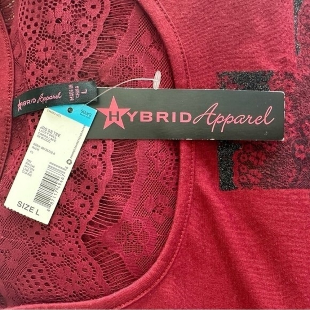 HYBRID Apparel Womens Tee L Burgundy Red Black Cross Front Lace Back Distressed - Picture 6 of 7